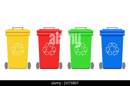 quatre bacs de recyclage colorés isolés sur fond blanc, des bacs rouges, jaunes, verts et bleus avec symbole de recyclage des déchets Illustration de Vecteur