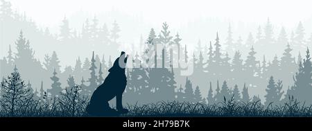 Bannière horizontale.Silhouette de loup debout sur la prairie dans la forêt.Silhouette d'animal, d'arbres, d'herbe.Paysage magique et brumeux, brouillard.Bleu et gris i Banque D'Images