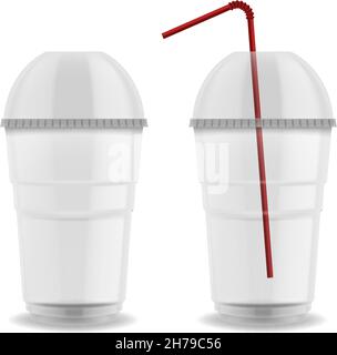 Coupelle avec capuchon sphérique en plastique.Verre vide réaliste avec couvercle et paille pour boissons froides, cocktail ou jus de café à emporter, boisson vierge Illustration de Vecteur