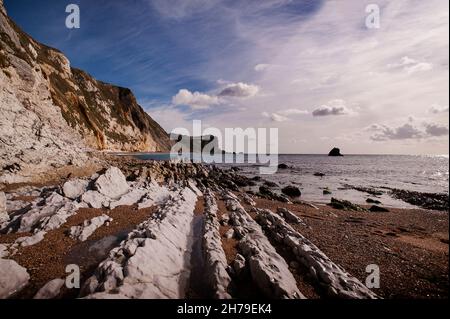 Rochers exposés à Man O'War Bay (également connu sous le nom de Man O'War Beach ou Man O'War Cove) près de Durdle Door sur la côte jurassique, Dorset, Angleterre, Royaume-Uni. Banque D'Images