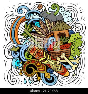 Illustration de l'effet de coolé du vecteur figui.Composition colorée et détaillée avec beaucoup d'objets et de symboles exotiques. Illustration de Vecteur