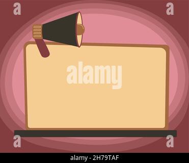 Illustration de la mégaphone sur un moniteur vierge faire de nouvelles annonces étonnantes au public.Mise en plan de la corne de taureau sur un écran d'ordinateur vide présentant ancien Illustration de Vecteur