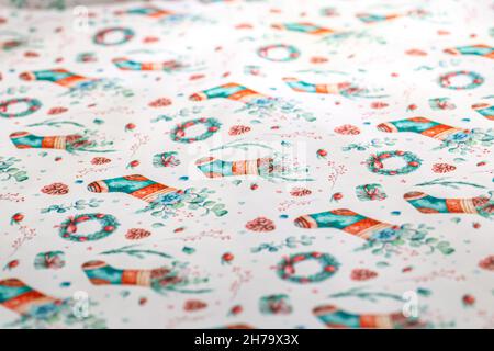 Tissu avec imprimé de Noël gros plan, nappe festive. Banque D'Images