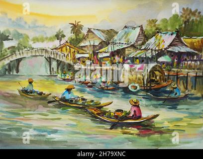 Peinture d'art Aquarelle marché flottant et temple Thaïlande Banque D'Images