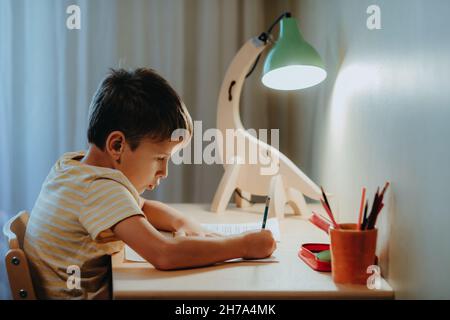 Garçon faisant ses devoirs en étant assis près du bureau.Home interier.DIY lampe dinosaure illumine le plan d'examen Banque D'Images