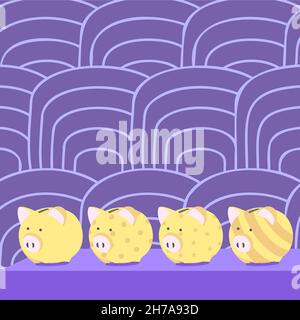 Plusieurs dessins de banque pigmentée sur la table avec arrière-plan rayé.Diffrent Piglet Money JAR Design with Big Note Caught on the Gap happen Illustration de Vecteur