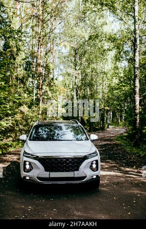 Vitesse.Voiture sur route forestière. SUV blanc Banque D'Images