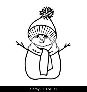 Bonhomme de neige gai dans un chapeau et un foulard, isolé sur un fond blanc.Tracé de contour.Doodle Illustration de Vecteur