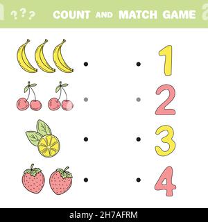 Jeu de comptage et de match.Comptez la quantité de fruits et faites correspondre avec les bons nombres.Jeu de mathématiques éducatif pour les enfants.Apprendre à compter.Fiche de travail correspondante Illustration de Vecteur