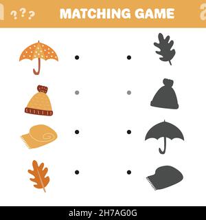 Jeu correspondant.Trouvez l'ombre exacte des articles d'automne.Jeu pour enfants.Jeu de mathématiques éducatif pour les enfants. Illustration de Vecteur