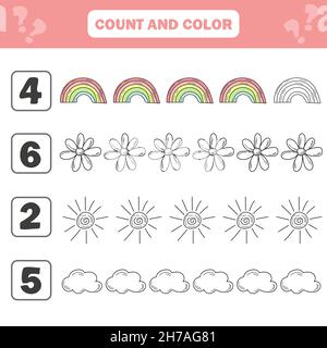 Jeu de numération et de couleur pour les enfants d'âge préscolaire - articles d'été.Feuille de travail pour le développement des capacités mathématiques.Livre de coloriage pour enfants Illustration de Vecteur