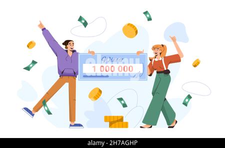 Un couple chanceux à plat remporte le jackpot de loterie.Heureux gagnants détenant un chèque bancaire de millions de dollars.Jeunes personnages avec un énorme prix d'argent du jeu de casino.L'homme et la femme ont un gros projet de loi gagnant. Illustration de Vecteur