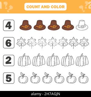 Jeu de numération et de couleur pour les enfants d'âge préscolaire - articles d'automne.Feuille de travail pour le développement des capacités mathématiques.Livre de coloriage pour enfants Illustration de Vecteur