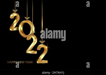 Bonne année 2022.Suspension de numéros 3D dorés, thème de Noël de bannière.Design de vacances pour carte de vœux, invitation, calendrier, fête, VIP de luxe or Illustration de Vecteur