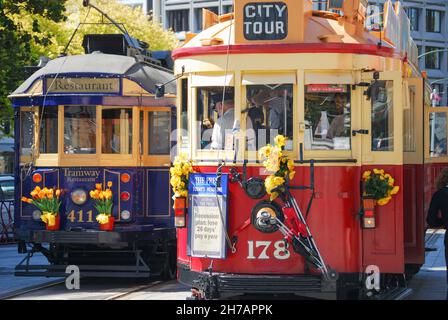 Boucle des tramways de la ville, place de la Cathédrale, Christchurch, Canterbury, île du Sud, Nouvelle-Zélande Banque D'Images