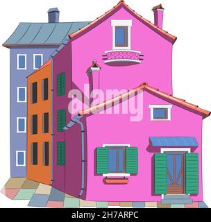 Façades colorées et vibrantes de maisons traditionnelles sur l'île de Burano.Venise.Italie. Illustration de Vecteur