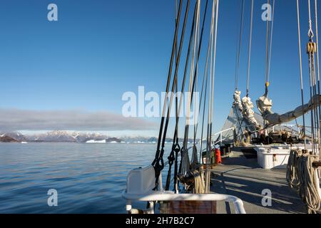 Rembrandt van Rijn pointant vers des icebergs distants dans Hall Bredning, au large de Jameson Land, Scoresby Sund, Groenland Banque D'Images