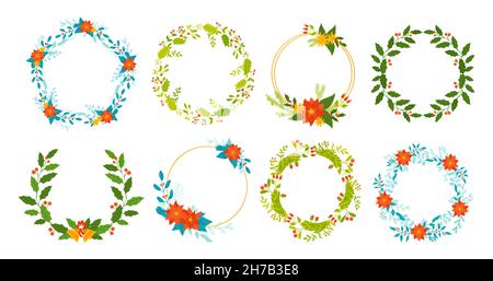 Ensemble de voeux pour branches de couronne de Noël.Laurel et poinsettia mistletoe Holly, baie, PIN de sapin cône hiver festive collection.Vintage Doodle symbole vacances nouvel an et Noël design couronnes vides Illustration de Vecteur