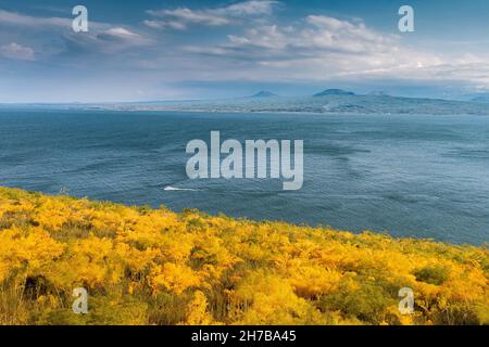 Paysage idyllique avec prairie et le célèbre lac de Sevan - une des plus grandes sources d'eau douce en Arménie et toute la Transcaucasie. Banque D'Images