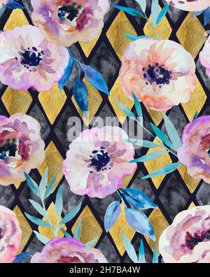 Motif aquarelle abstrait sans couture avec diamants dorés et noirs et fleurs d'anémones.Imprimé dessiné à la main pour le design. Banque D'Images