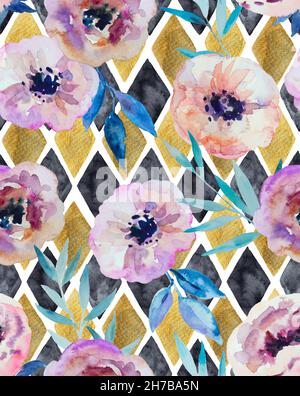 Motif aquarelle abstrait sans couture avec diamants dorés et noirs et fleurs d'anémones.Imprimé dessiné à la main pour le design. Banque D'Images