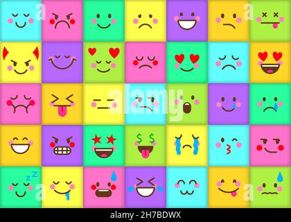 Emoji visage émoticône bouton badge couleur plat.Émotions gaies et tristes du site de messagerie de réseau social.Badge autocollant icône drôle coloré enfant mignon cube carré forme icône chat isolé sur blanc Illustration de Vecteur