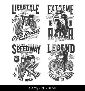 Imprimés t-shirts avec motos tout-terrain rétro, emblèmes vectoriels pour l'équipe de sport.T-shirt imprimés monochromes avec typographie, motos speedway, is Illustration de Vecteur