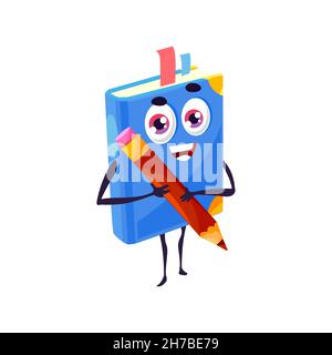 Le personnage de dessin animé pour manuels tient un crayon dans les mains, une mascotte de conte de fées, des enfants et des enfants émoticônes emoji.Livre vectoriel en couverture rigide Happy Book bestsel Illustration de Vecteur