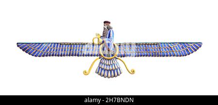 Signe du zoroastrianisme Faravahar (Frahvahar).Symbole zoroastrien.Isolé sur fond blanc Banque D'Images