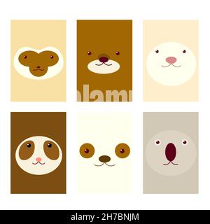 Collection d'avatars icônes avec visages d'animaux mignons - ours, singe, koala, lémur, panda.Icônes vectorielles définies dans le style plat.EPS8 Illustration de Vecteur