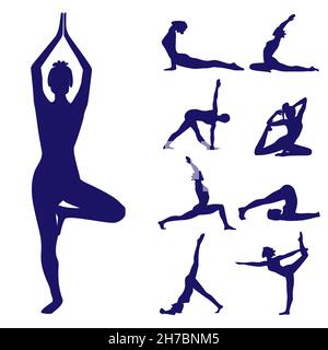 Illustration simple de vecteur plat poses de yoga ensemble de silhouettes femelles faisant des asanas de yoga Illustration de Vecteur