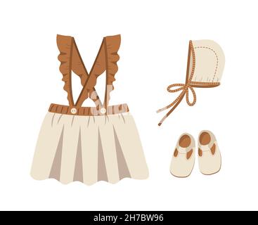 Vêtements de boho pour bébés.Jolie garde-robe pour petite fille.Tenue scandinave pour enfant.Illustration vectorielle de style dessin animé plat.Vêtements vintage pour enfants Illustration de Vecteur