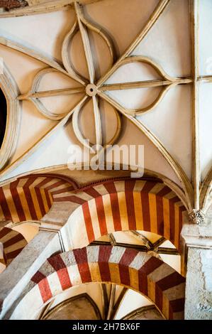 Nervures de plafond arquées décoratives et alternance de briques rouges et d'arches en pierre blanche à la Grande Mosquée de Córdoba, Espagne. Banque D'Images