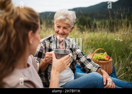 Bonne mère senior et fille adulte assis et ayant pique-nique à l'extérieur dans la nature. Banque D'Images