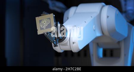 Bras robotique de haute technologie tenant une unité de processeur d'ordinateur d'intelligence artificielle dans sa poignée.illustration 3d Banque D'Images