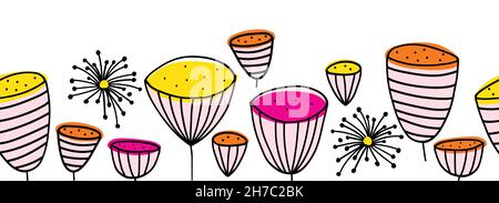 Bordure sans couture pour les fleurs.Moderne dessiné à la main, joli motif d'art en ligne, fleurs décoratives.Illustration d'esquisse vectorielle isolée sur fond blanc Illustration de Vecteur
