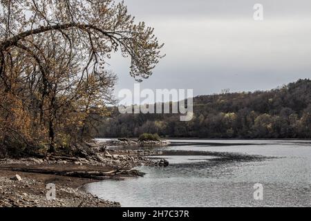 Rive de la rivière Sainte-Croix au parc Lions de St. Croix Falls, Wisconsin, États-Unis.L'eau est faible en raison des travaux sur le barrage juste au sud d'ici. Banque D'Images