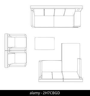 Contour du canapé, du fauteuil et de la table à partir de lignes noires isolées sur fond blanc.Vue de dessus.Illustration vectorielle Illustration de Vecteur