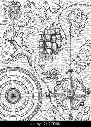 Illustration en noir et blanc de l'ancienne carte avec voilier, goéland, terres et îles inconnues, boussole et rose vent Illustration de Vecteur