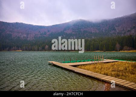 Lac de Sainte-Ana, Transylvanie, Roumanie. Superbe paysage d'automne avec forêt colorée et lac volcanique idyllique un populaire touristique et Voyage destinati Banque D'Images