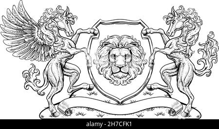 Crest Pegasus Horse Coat of Arms Lion Shield Seal Illustration de Vecteur