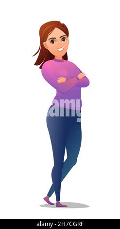 Belle femme en pantalon et chandail.Bonne fille d'âge moyen.Personne joyeuse.Posture debout.Motif bande dessinée plate.Caractère unique Illustration de Vecteur