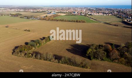 Vue aérienne de Coldblow Farm, en direction d'Ellens Road, Mill Hill et Upper Deal, Kent Banque D'Images