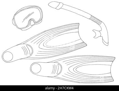 Masque flippers plongée sous-marine ensemble graphique noir blanc sport esquisse vecteur d'illustration isolé Illustration de Vecteur