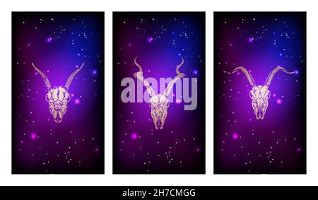 Ensemble vectoriel de trois illustrations avec silhouettes d'or, des crânes antilopes et des chèvres sur le fond du ciel étoilé.Image en violet.Pour yo Illustration de Vecteur