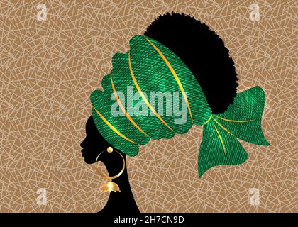 Portrait belle femme africaine en turban traditionnel motif tribal fait main, tête Kente envelopper africain avec des boucles d'oreilles ethniques, les femmes noires afro curly Illustration de Vecteur