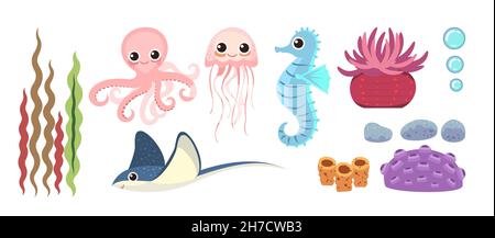 Ensemble d'objets marins: Poulpe, hippocampe, méduse, plantes, pierres,stingray, algues et bulles.Monde sous-marin.Aquarium ou mer.Eau d'été. Illustration de Vecteur
