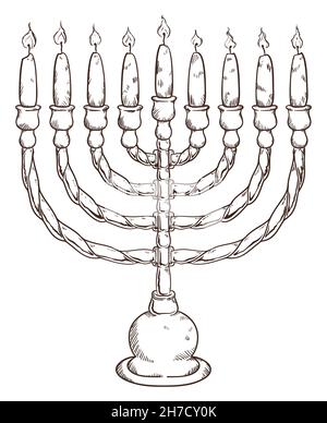 Dessin dessiné à la main d'un chanukiah incolore avec ses neuf bougies allumées, prêt pour la célébration de Hanoukkah Illustration de Vecteur