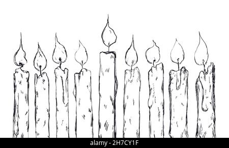 Motif dessiné à la main avec neuf bougies allumées, isolé sur fond blanc. Illustration de Vecteur