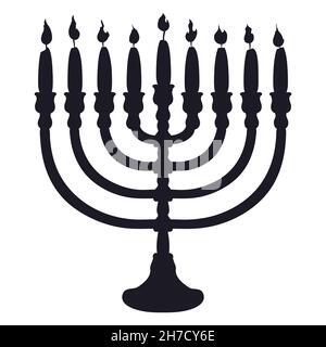 Silhouette de candélabre avec neuf bougies allumées pour Hanukkah, isolée sur fond blanc. Illustration de Vecteur